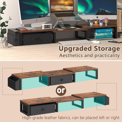 Dual Monitor Stand Riser,41.5'' Long Monitor Stand for 2 Monitors, Wood Computer Riser with Pocket, Desktop Oraganizer with Pen Holder, Monitor Riser for Desk Computer,Laptop,TV, Rustic Brown
