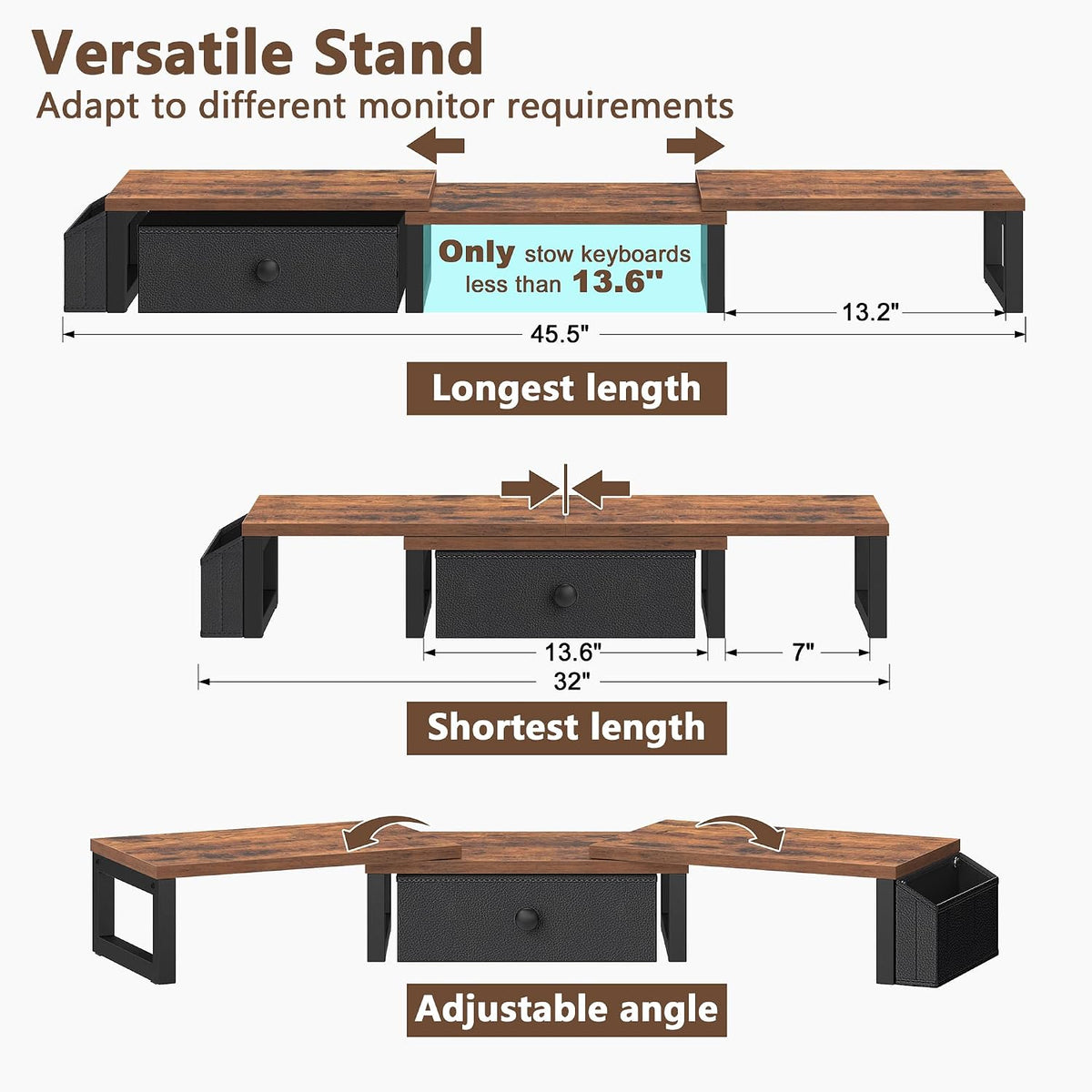 Dual Monitor Stand Riser,41.5'' Long Monitor Stand for 2 Monitors, Wood Computer Riser with Pocket, Desktop Oraganizer with Pen Holder, Monitor Riser for Desk Computer,Laptop,TV, Rustic Brown
