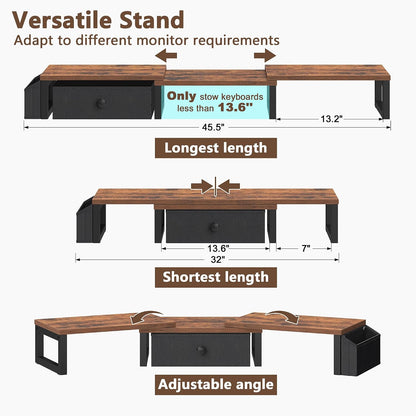 Dual Monitor Stand Riser,41.5'' Long Monitor Stand for 2 Monitors, Wood Computer Riser with Pocket, Desktop Oraganizer with Pen Holder, Monitor Riser for Desk Computer,Laptop,TV, Rustic Brown