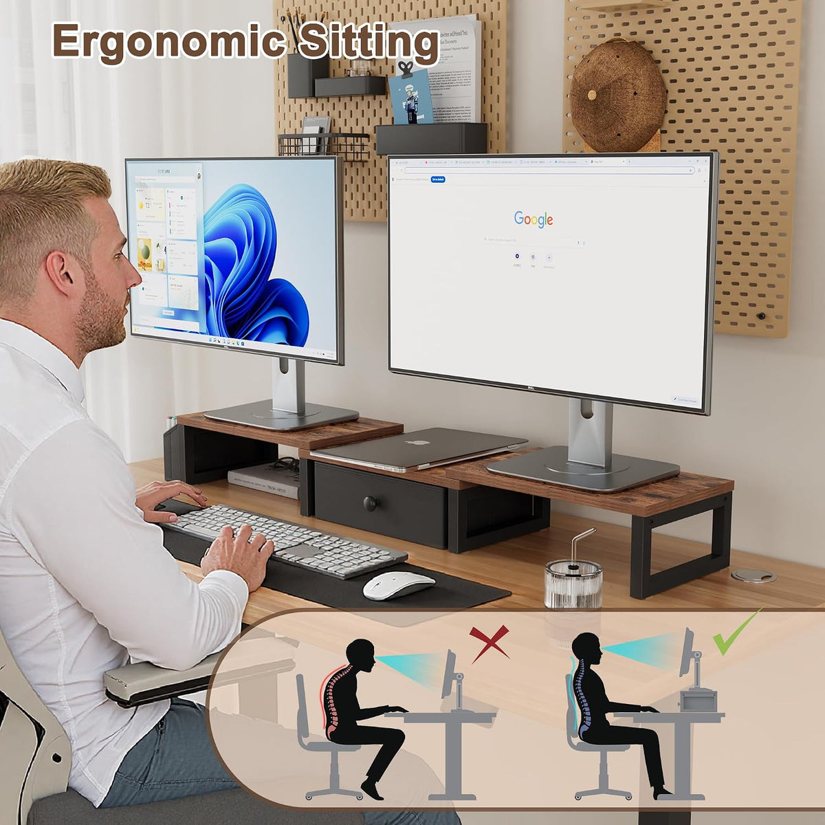 Dual Monitor Stand Riser,41.5'' Long Monitor Stand for 2 Monitors, Wood Computer Riser with Pocket, Desktop Oraganizer with Pen Holder, Monitor Riser for Desk Computer,Laptop,TV, Rustic Brown