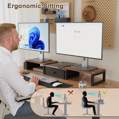 Dual Monitor Stand Riser,41.5'' Long Monitor Stand for 2 Monitors, Wood Computer Riser with Pocket, Desktop Oraganizer with Pen Holder, Monitor Riser for Desk Computer,Laptop,TV, Rustic Brown