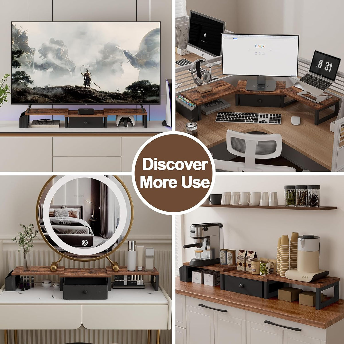 Dual Monitor Stand Riser,41.5'' Long Monitor Stand for 2 Monitors, Wood Computer Riser with Pocket, Desktop Oraganizer with Pen Holder, Monitor Riser for Desk Computer,Laptop,TV, Rustic Brown