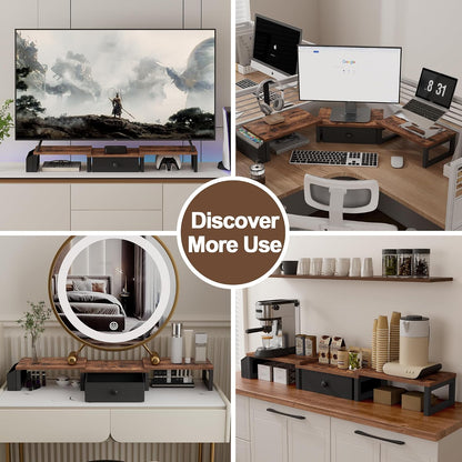 Dual Monitor Stand Riser,41.5'' Long Monitor Stand for 2 Monitors, Wood Computer Riser with Pocket, Desktop Oraganizer with Pen Holder, Monitor Riser for Desk Computer,Laptop,TV, Rustic Brown