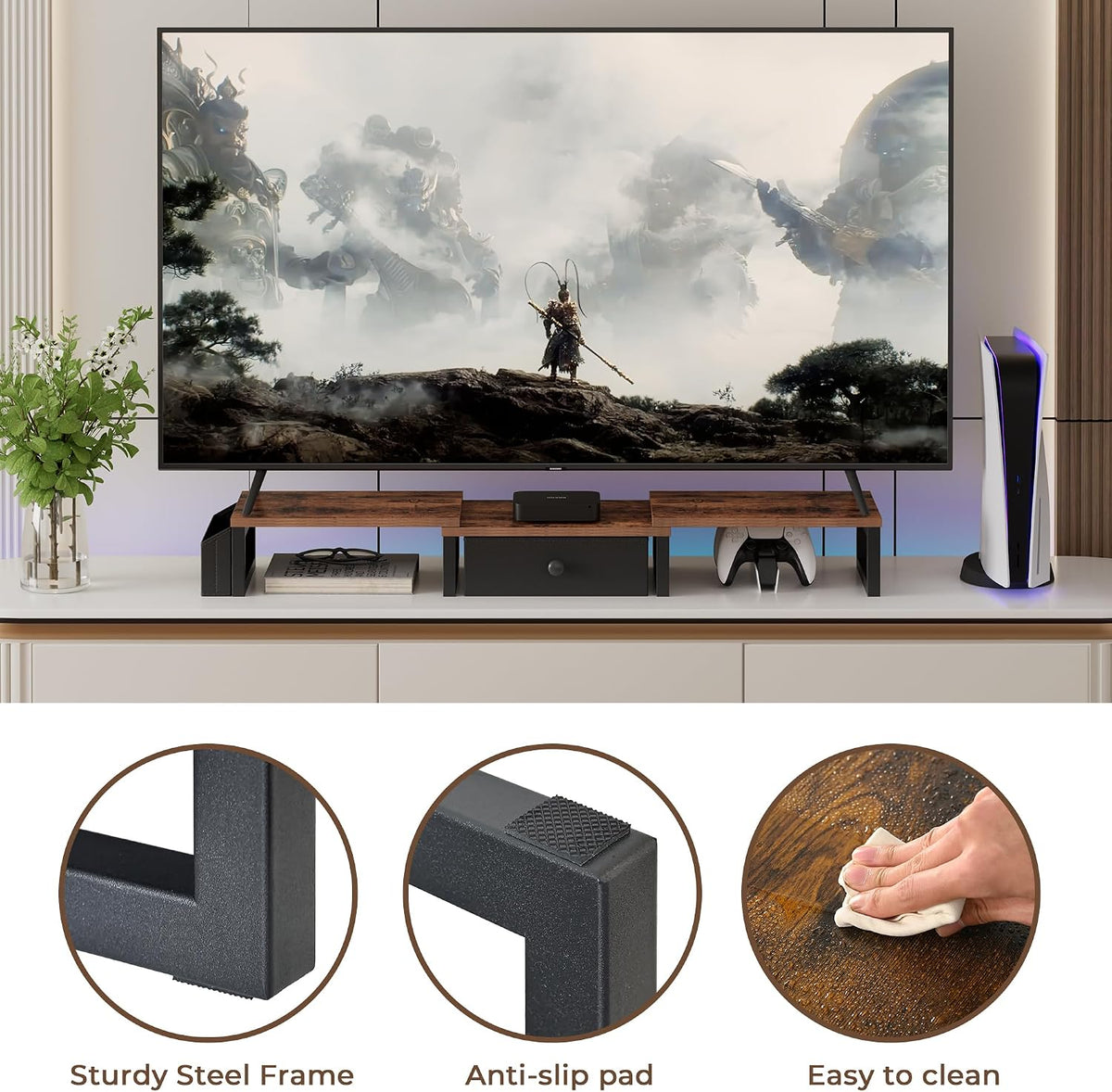 Dual Monitor Stand Riser,41.5'' Long Monitor Stand for 2 Monitors, Wood Computer Riser with Pocket, Desktop Oraganizer with Pen Holder, Monitor Riser for Desk Computer,Laptop,TV, Rustic Brown
