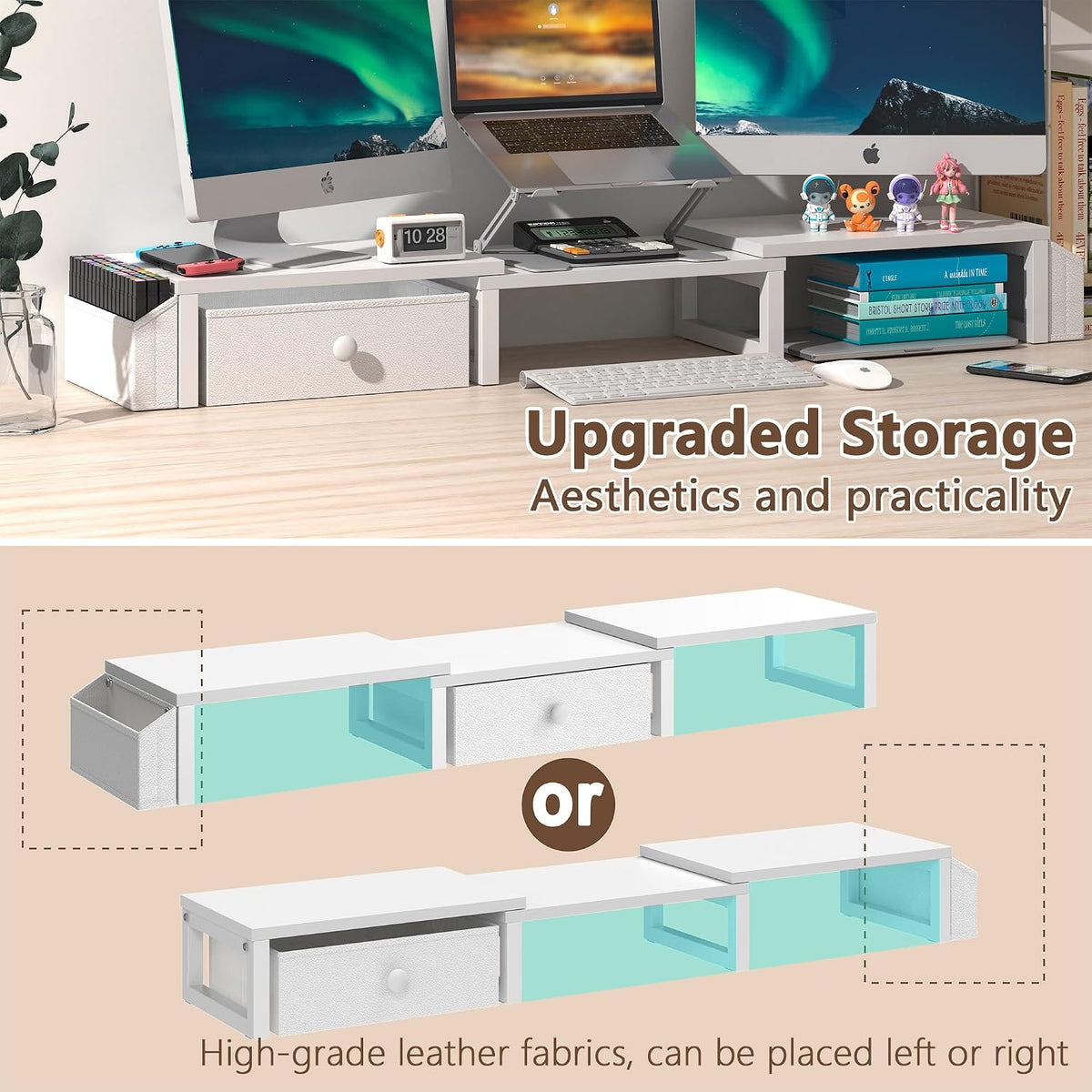 Dual Monitor Stand Riser,41.5'' Long Monitor Stand for 2 Monitors, Wood Computer Riser with Pocket, Desktop Oraganizer with Pen Holder, Monitor Riser for Desk Computer,Laptop,TV, Rustic Brown