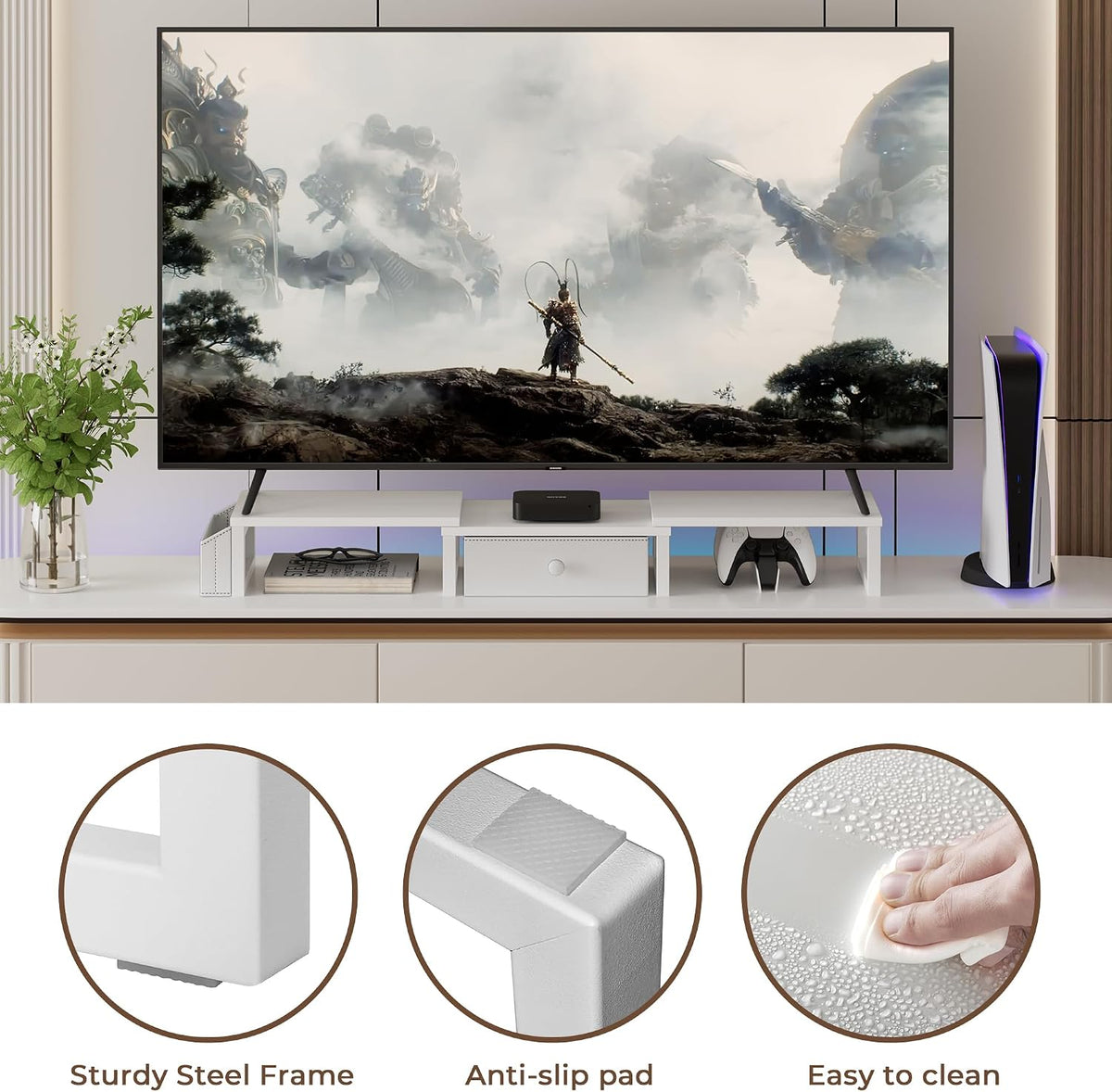 Dual Monitor Stand Riser,41.5'' Long Monitor Stand for 2 Monitors, Wood Computer Riser with Pocket, Desktop Oraganizer with Pen Holder, Monitor Riser for Desk Computer,Laptop,TV, Rustic Brown