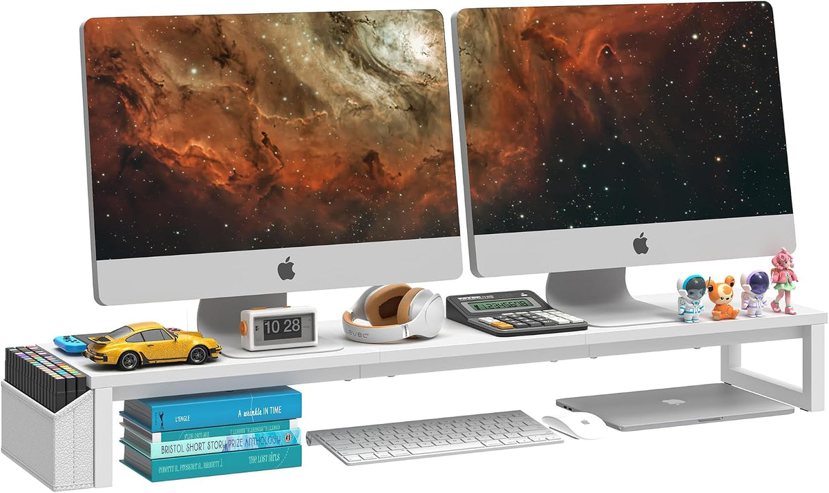 Dual Monitor Stand Riser,41.5'' Long Monitor Stand for 2 Monitors, Wood Computer Riser with Pocket, Desktop Oraganizer with Pen Holder, Monitor Riser for Desk Computer,Laptop,TV, Rustic Brown