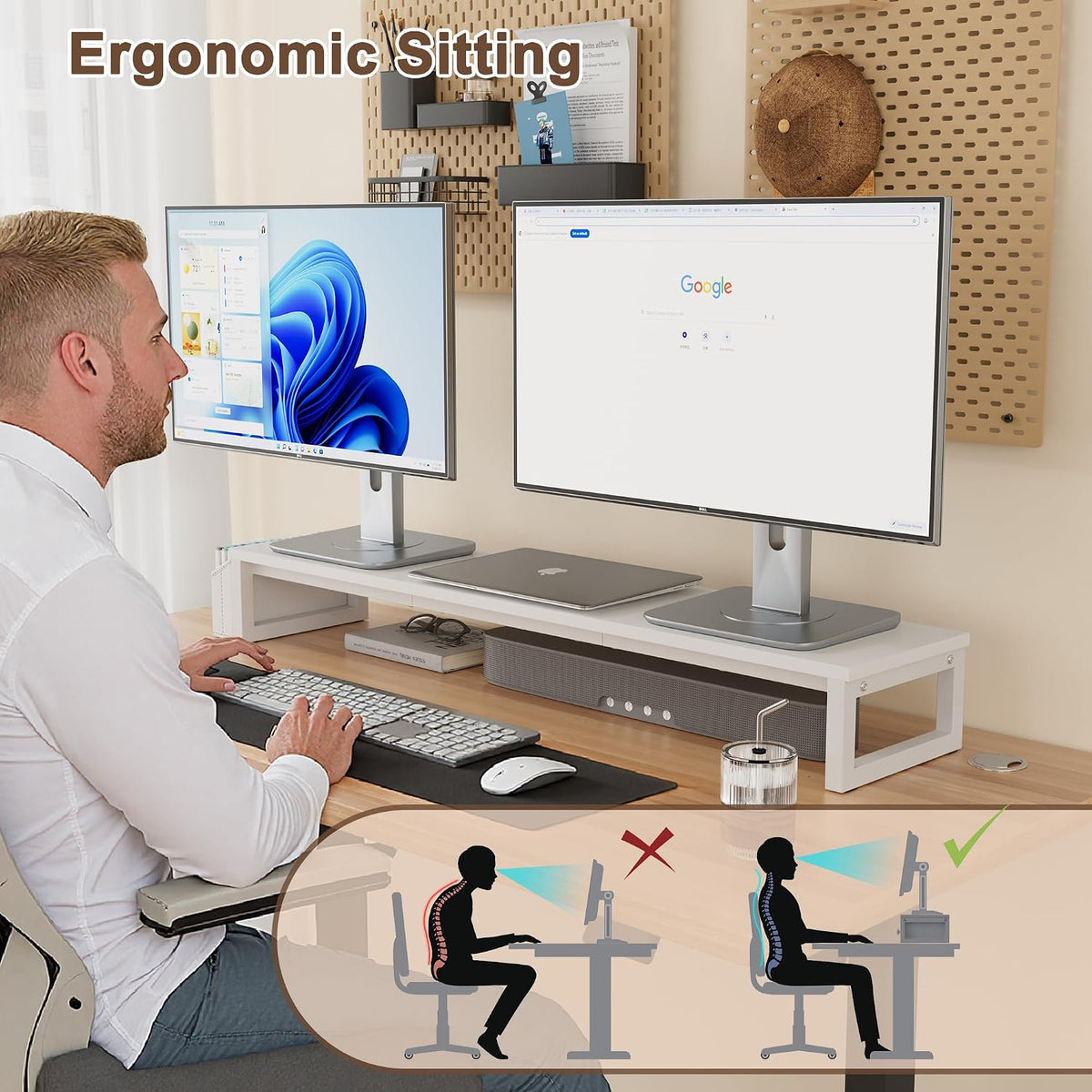 Dual Monitor Stand Riser,41.5'' Long Monitor Stand for 2 Monitors, Wood Computer Riser with Pocket, Desktop Oraganizer with Pen Holder, Monitor Riser for Desk Computer,Laptop,TV, Rustic Brown