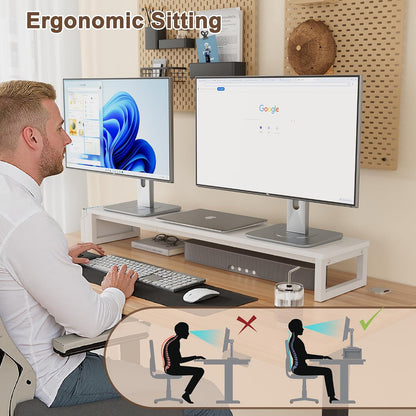 Dual Monitor Stand Riser,41.5'' Long Monitor Stand for 2 Monitors, Wood Computer Riser with Pocket, Desktop Oraganizer with Pen Holder, Monitor Riser for Desk Computer,Laptop,TV, Rustic Brown