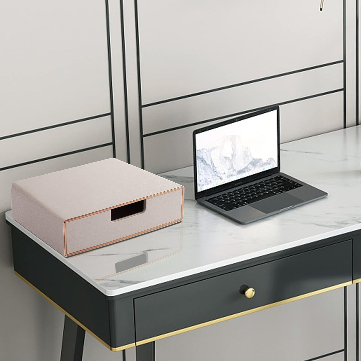 Fashion Multicolor Collocation Leather Desk Organizer File Cabinet Executive Office Supplies Desktop Filing A4 Contract Document Stackable Storage Box with 3 Drawers (Black)