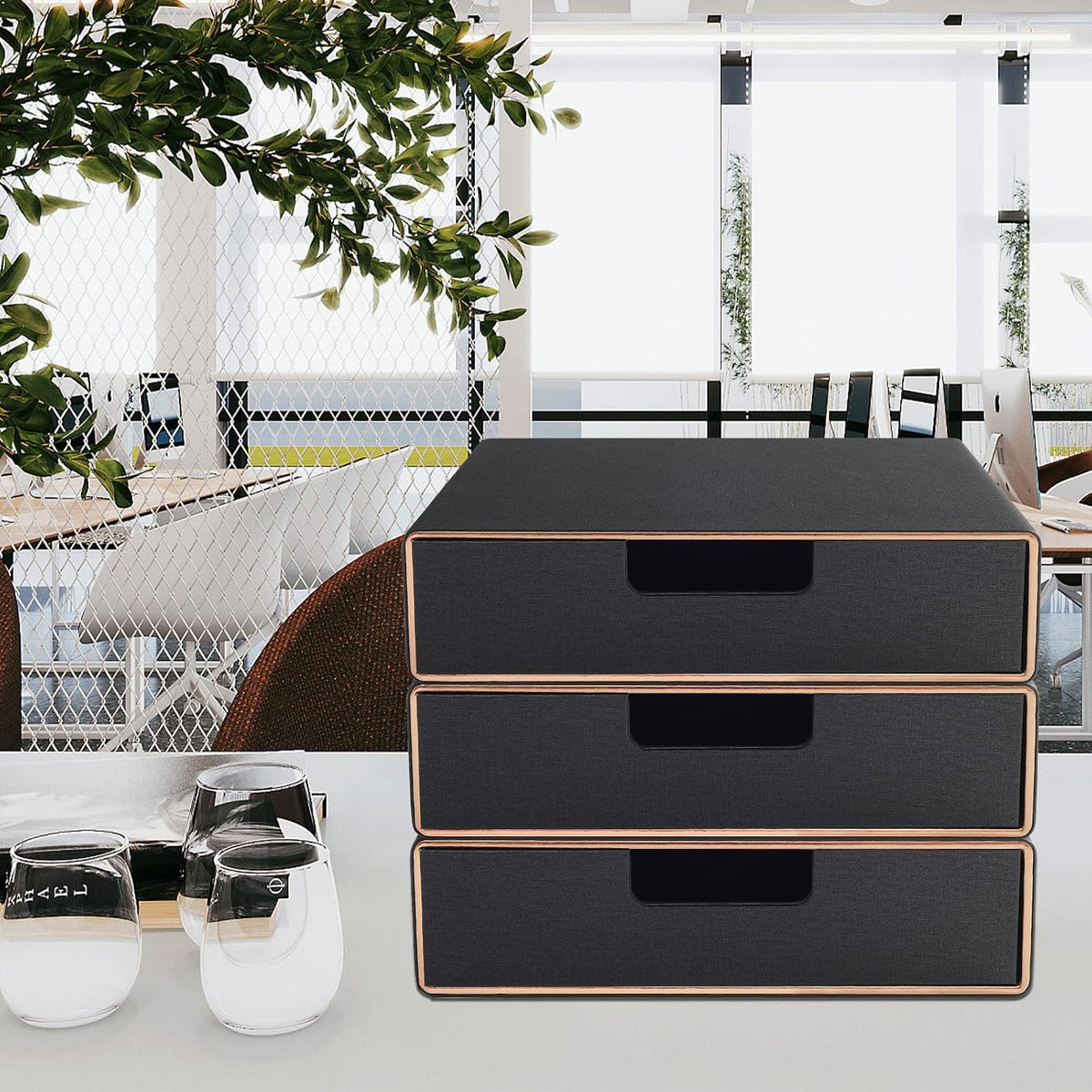 Fashion Multicolor Collocation Leather Desk Organizer File Cabinet Executive Office Supplies Desktop Filing A4 Contract Document Stackable Storage Box with 3 Drawers (Black)