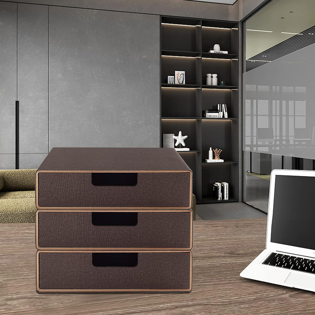 Fashion Multicolor Collocation Leather Desk Organizer File Cabinet Executive Office Supplies Desktop Filing A4 Contract Document Stackable Storage Box with 3 Drawers (Black)