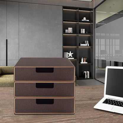 Fashion Multicolor Collocation Leather Desk Organizer File Cabinet Executive Office Supplies Desktop Filing A4 Contract Document Stackable Storage Box with 3 Drawers (Black)