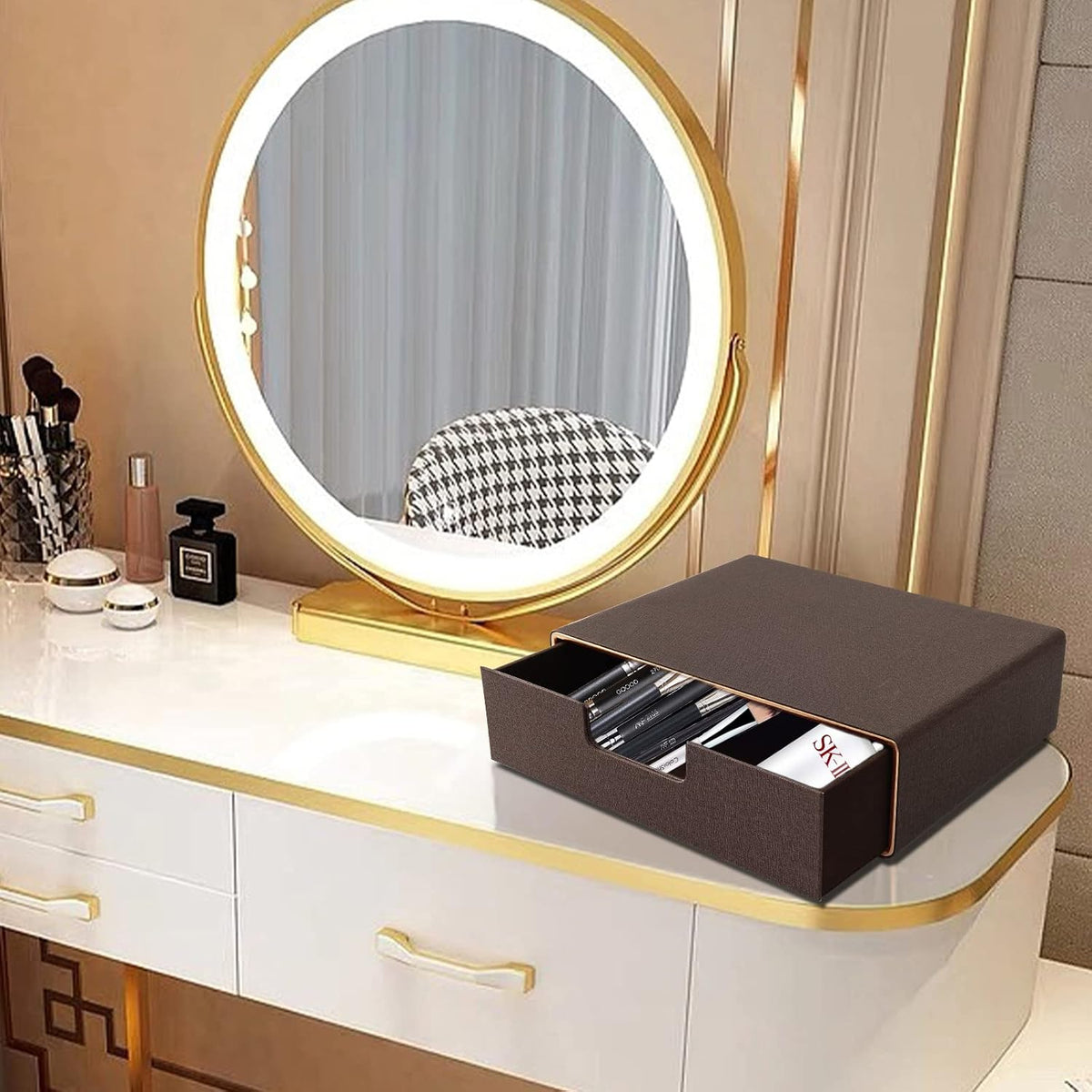 Fashion Multicolor Collocation Leather Desk Organizer File Cabinet Executive Office Supplies Desktop Filing A4 Contract Document Stackable Storage Box with 3 Drawers (Black)