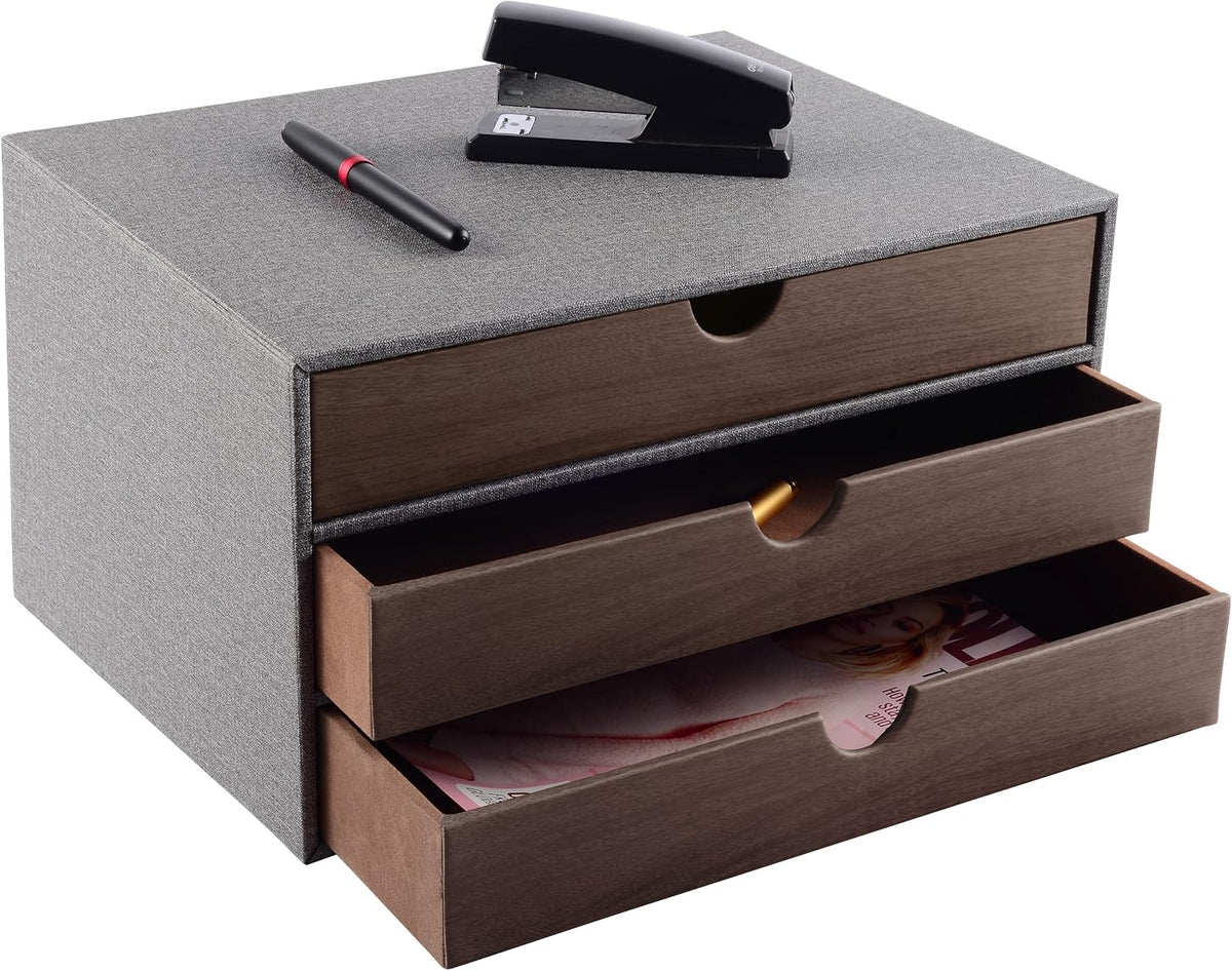 Fashion Multicolor Collocation Leather Desk Organizer File Cabinet Executive Office Supplies Desktop Filing A4 Contract Document Stackable Storage Box with 3 Drawers (Black)