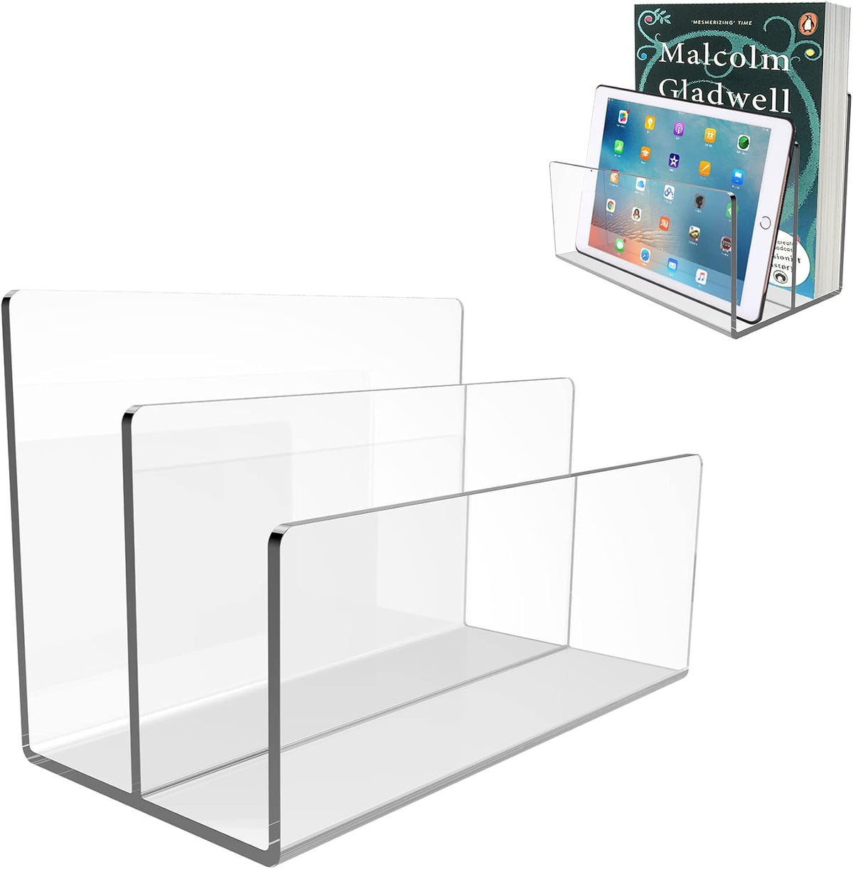 Boloyo Acrylic File Holder, 2 Sections Clear File Organizer Mail Letter Sorter Desktop Folder Holder for Home Office School Envelope Bill Filling Paper Document