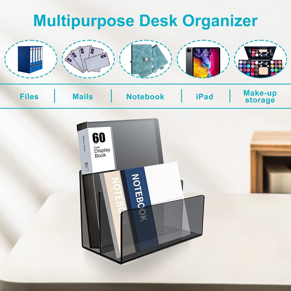 Boloyo Acrylic File Holder, 2 Sections Clear File Organizer Mail Letter Sorter Desktop Folder Holder for Home Office School Envelope Bill Filling Paper Document