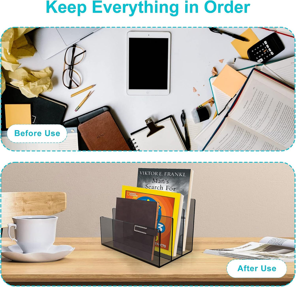 Boloyo Acrylic File Holder, 2 Sections Clear File Organizer Mail Letter Sorter Desktop Folder Holder for Home Office School Envelope Bill Filling Paper Document