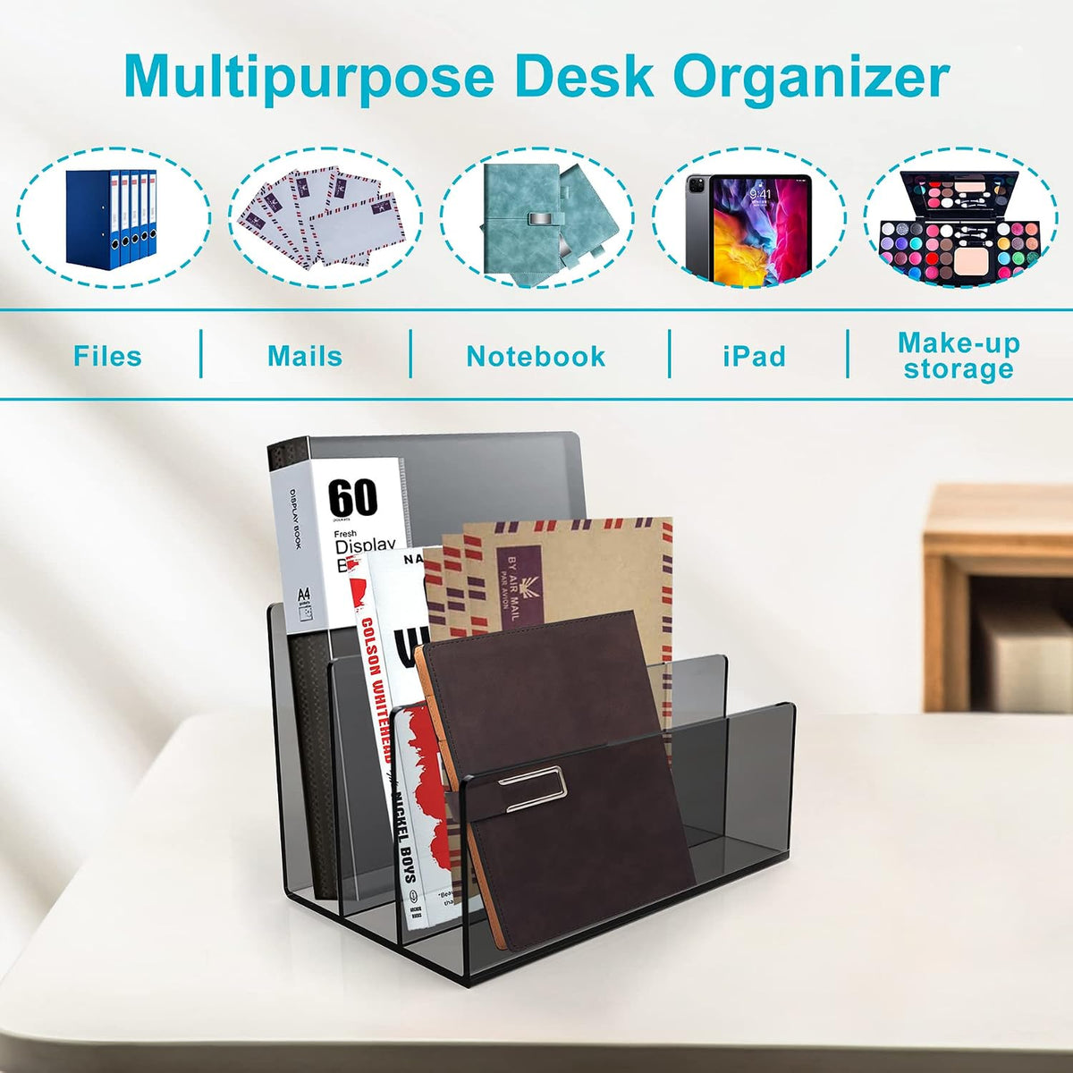Boloyo Acrylic File Holder, 2 Sections Clear File Organizer Mail Letter Sorter Desktop Folder Holder for Home Office School Envelope Bill Filling Paper Document
