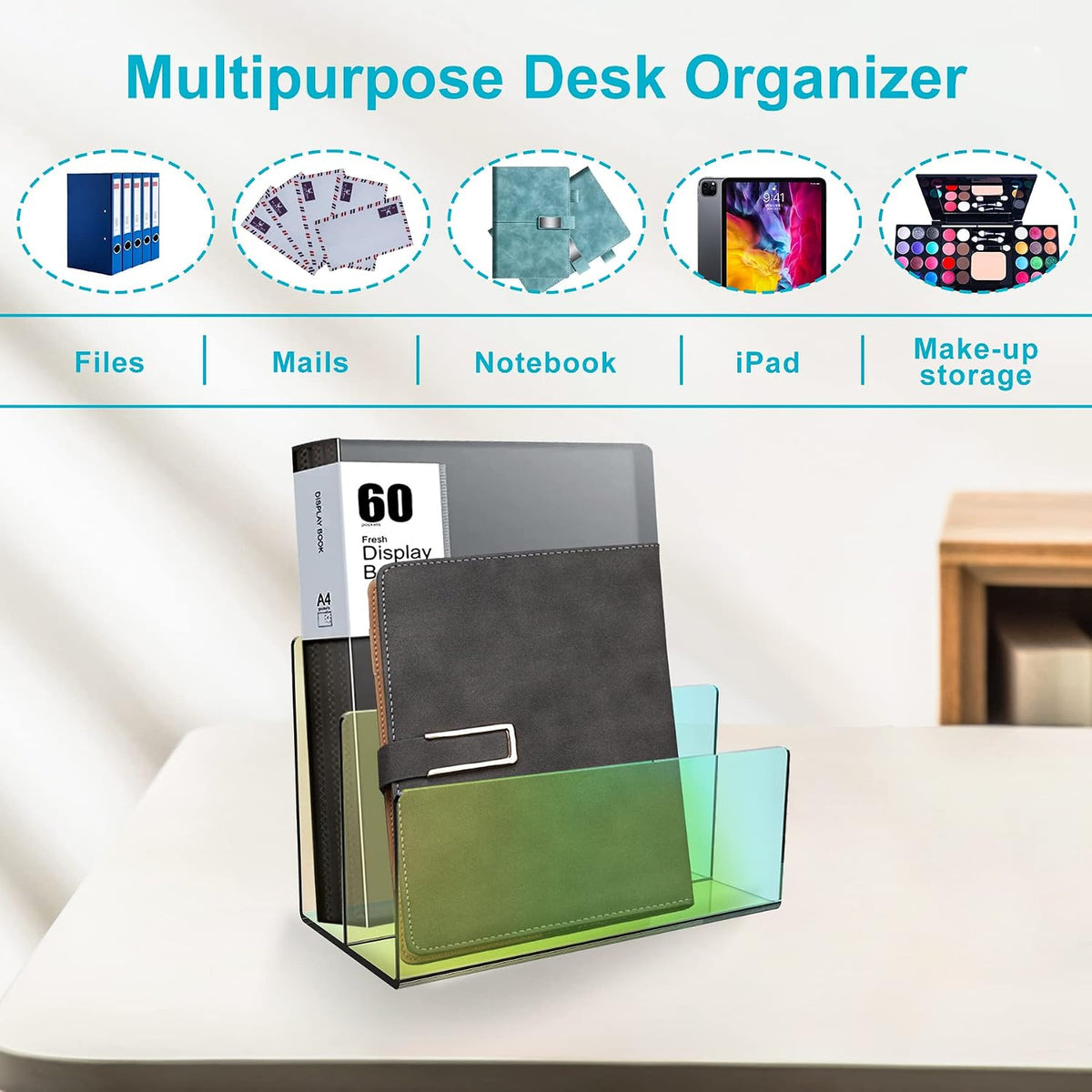 Boloyo Acrylic File Holder, 2 Sections Clear File Organizer Mail Letter Sorter Desktop Folder Holder for Home Office School Envelope Bill Filling Paper Document