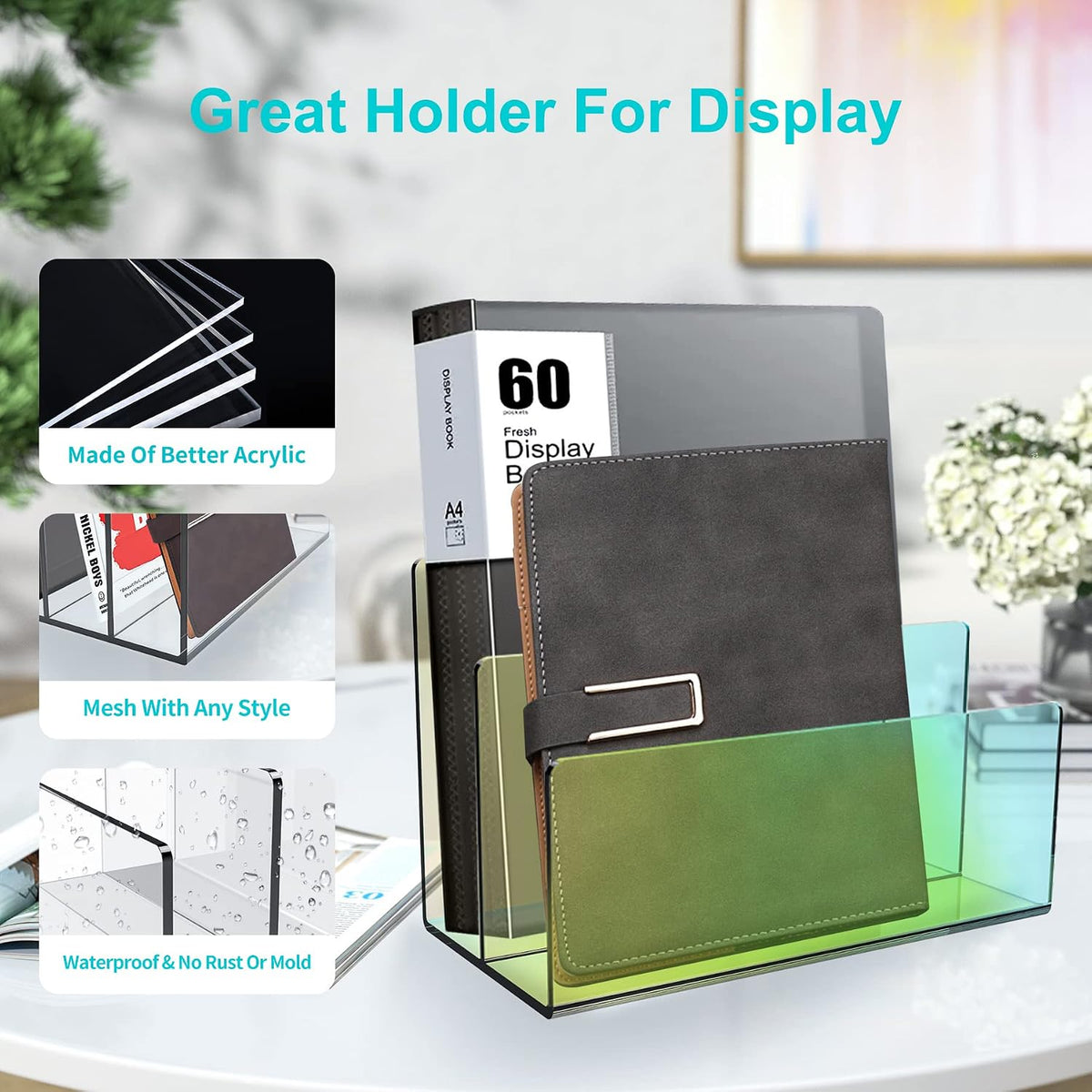 Boloyo Acrylic File Holder, 2 Sections Clear File Organizer Mail Letter Sorter Desktop Folder Holder for Home Office School Envelope Bill Filling Paper Document