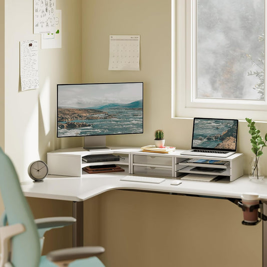 Dual Monitor Stand with Storage, Corner Desk Shelf for Top of Desk
