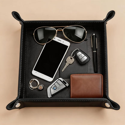 Valet Tray Desktop Storage Organizer – Vegan Leather Catchall Bedside Vanity Tray Nightstand Caddy Holder for Remote Controller, Watch, Keys, Phone, Wallet, Coin, Jewelry (Orange/Black)