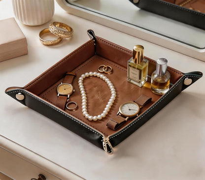 Valet Tray Desktop Storage Organizer – Vegan Leather Catchall Bedside Vanity Tray Nightstand Caddy Holder for Remote Controller, Watch, Keys, Phone, Wallet, Coin, Jewelry (Orange/Black)