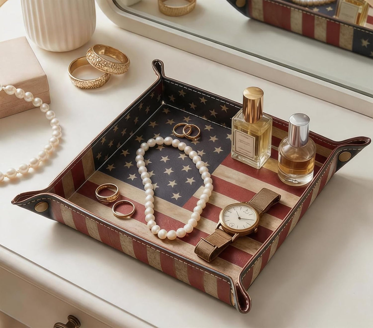 Valet Tray Desktop Storage Organizer – Vegan Leather Catchall Bedside Vanity Tray Nightstand Caddy Holder for Remote Controller, Watch, Keys, Phone, Wallet, Coin, Jewelry (Orange/Black)