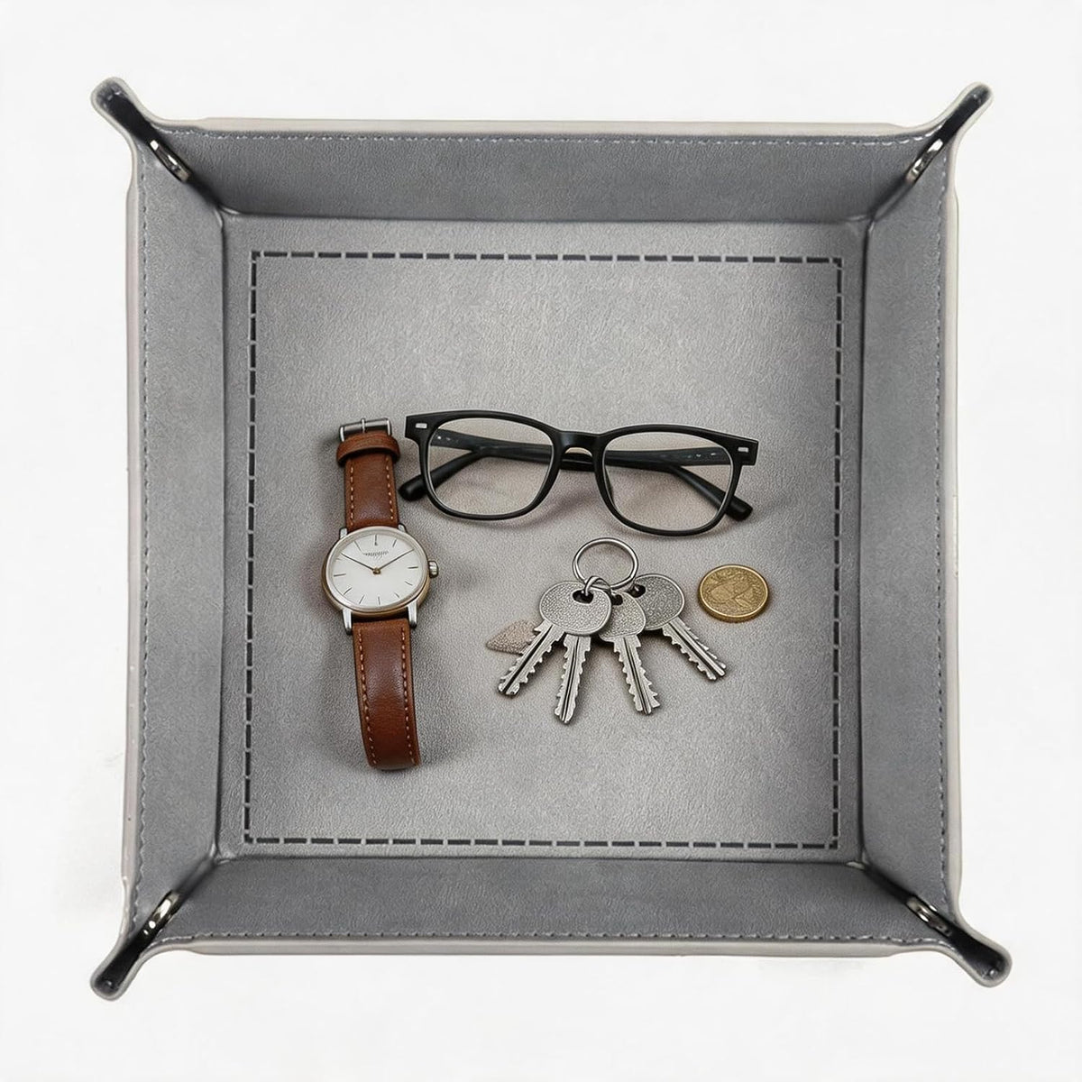 Valet Tray Desktop Storage Organizer – Vegan Leather Catchall Bedside Vanity Tray Nightstand Caddy Holder for Remote Controller, Watch, Keys, Phone, Wallet, Coin, Jewelry (Orange/Black)