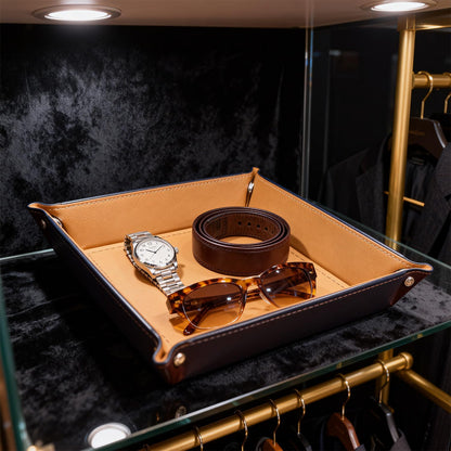 Valet Tray Desktop Storage Organizer – Vegan Leather Catchall Bedside Vanity Tray Nightstand Caddy Holder for Remote Controller, Watch, Keys, Phone, Wallet, Coin, Jewelry (Orange/Black)