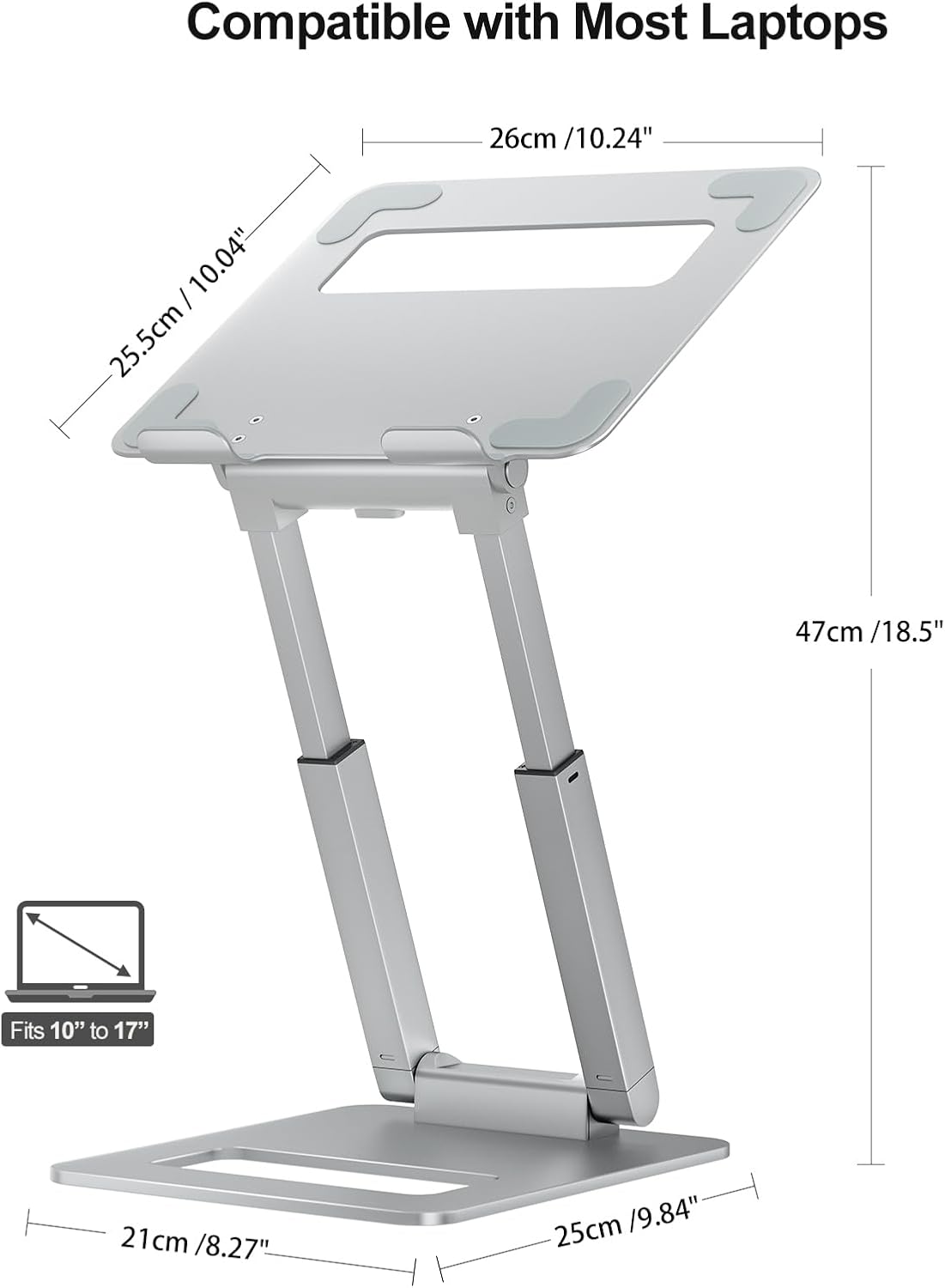 Laptop Stand for Desk Adjustable Height, Telescopic Computer Stand with Pull Out Design Ergonomic Laptop Riser Fits All Laptops 10-17"-Gray