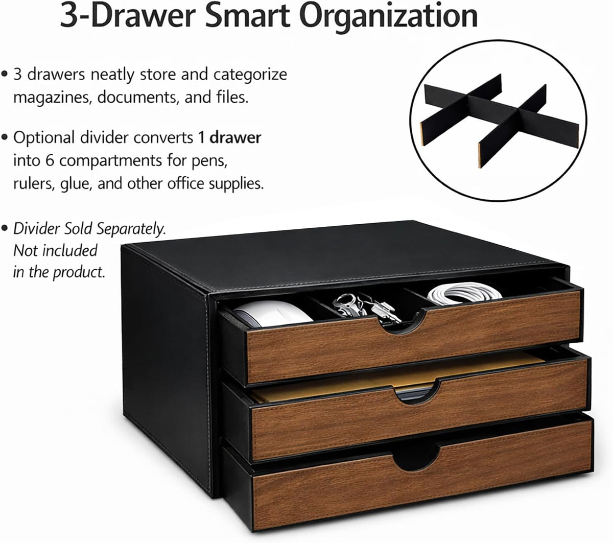 Document Organizer, 3-Drawer File Cabinet Document Storage Box, Office Desktop Filing Organizer, Dark Ivy