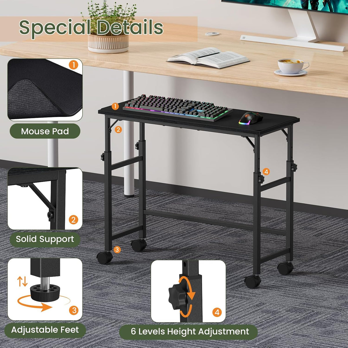 Mobile Keyboard Tray with Mouse Pad, Height Adjustment 21.6"-31.1", Keyboard Standing Desk, Rolling Under-Desk Extender with Lockable Casters, Desk Accessories for Home Office, Black