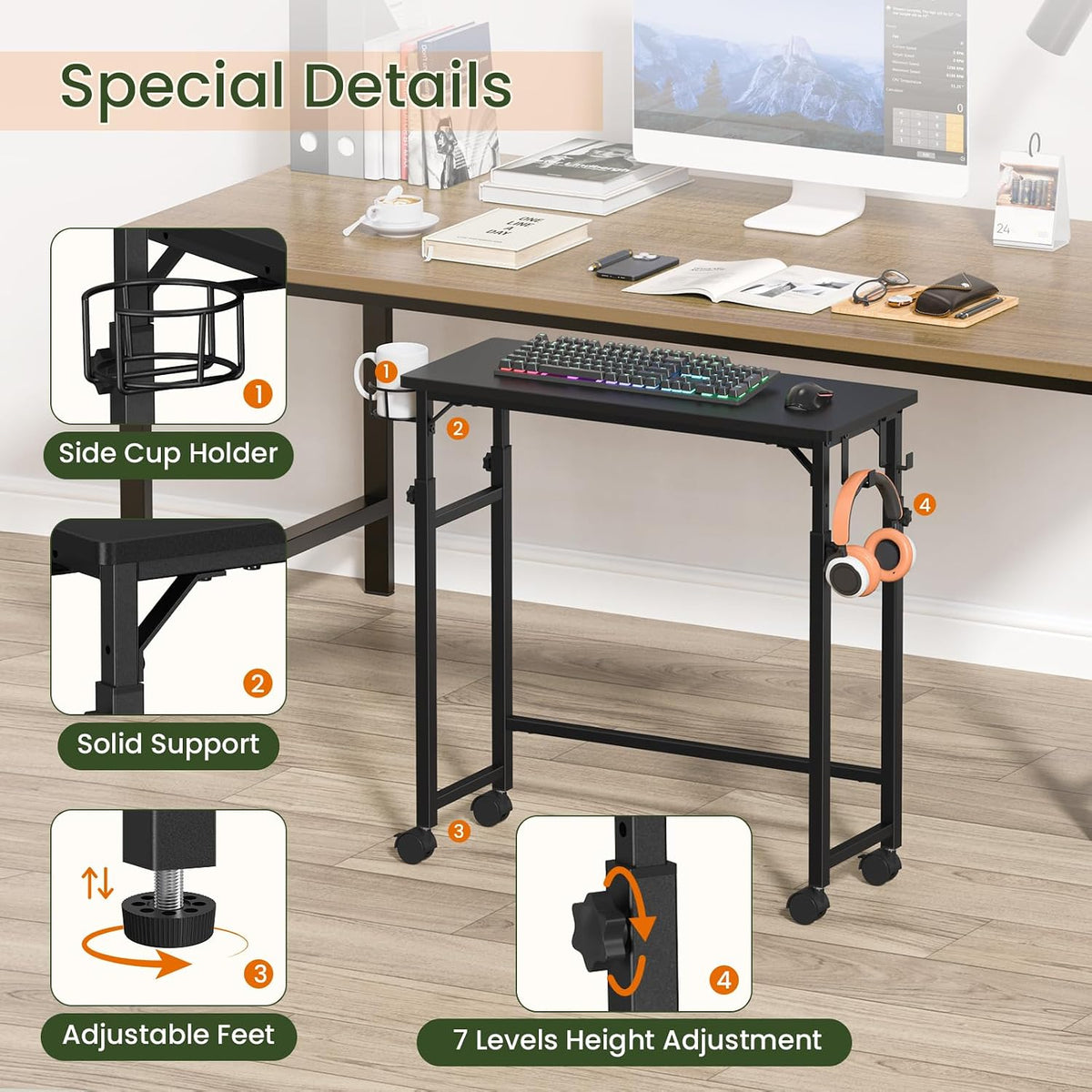 Mobile Keyboard Tray with Mouse Pad, Height Adjustment 21.6"-31.1", Keyboard Standing Desk, Rolling Under-Desk Extender with Lockable Casters, Desk Accessories for Home Office, Black