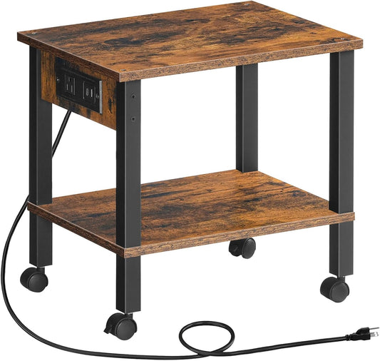2-Tier Printer Stand with Charging Station, Under Desk Printer Table, Printer Cart with Storage Shelves, Shelf for Small Spaces, for Home Office, Rustic Brown and Black BF38UPS01