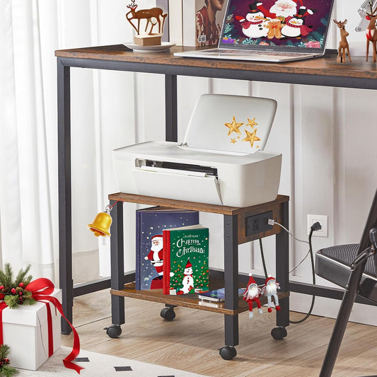 2-Tier Printer Stand with Charging Station, Under Desk Printer Table, Printer Cart with Storage Shelves, Shelf for Small Spaces, for Home Office, Rustic Brown and Black BF38UPS01