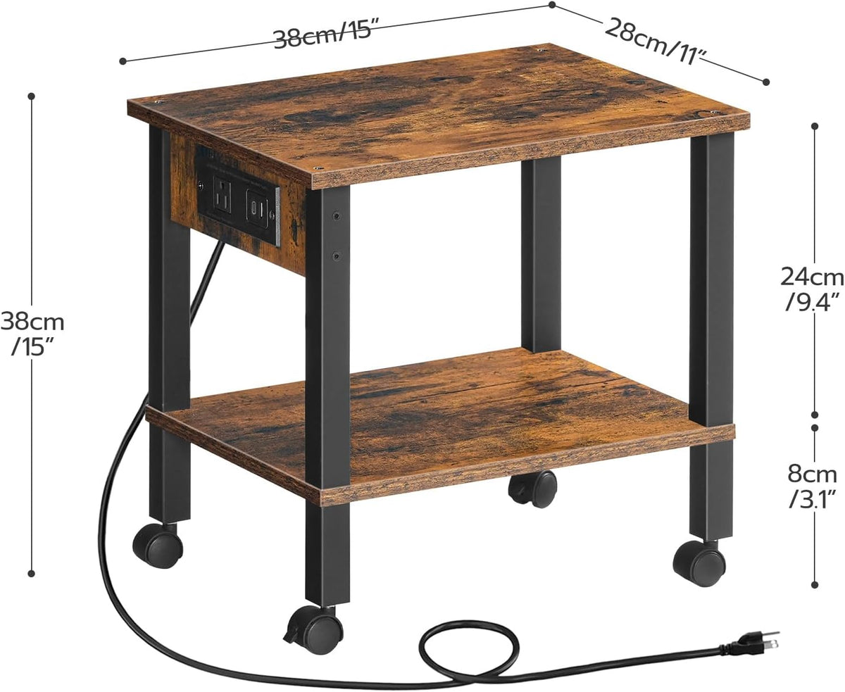 2-Tier Printer Stand with Charging Station, Under Desk Printer Table, Printer Cart with Storage Shelves, Shelf for Small Spaces, for Home Office, Rustic Brown and Black BF38UPS01