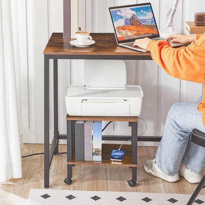 2-Tier Printer Stand with Charging Station, Under Desk Printer Table, Printer Cart with Storage Shelves, Shelf for Small Spaces, for Home Office, Rustic Brown and Black BF38UPS01