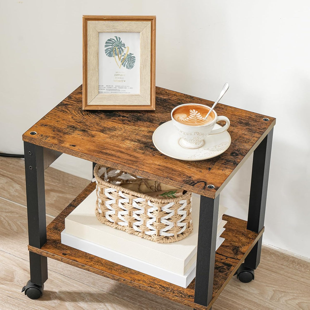 2-Tier Printer Stand with Charging Station, Under Desk Printer Table, Printer Cart with Storage Shelves, Shelf for Small Spaces, for Home Office, Rustic Brown and Black BF38UPS01