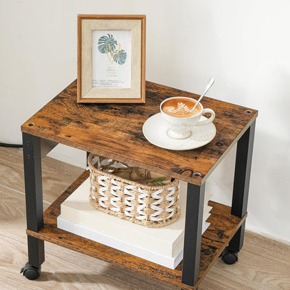 2-Tier Printer Stand with Charging Station, Under Desk Printer Table, Printer Cart with Storage Shelves, Shelf for Small Spaces, for Home Office, Rustic Brown and Black BF38UPS01