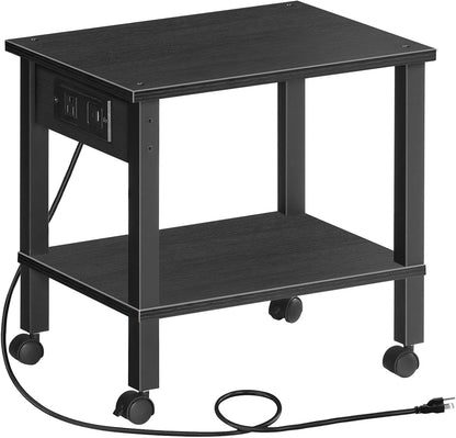2-Tier Printer Stand with Charging Station, Under Desk Printer Table, Printer Cart with Storage Shelves, Shelf for Small Spaces, for Home Office, Rustic Brown and Black BF38UPS01