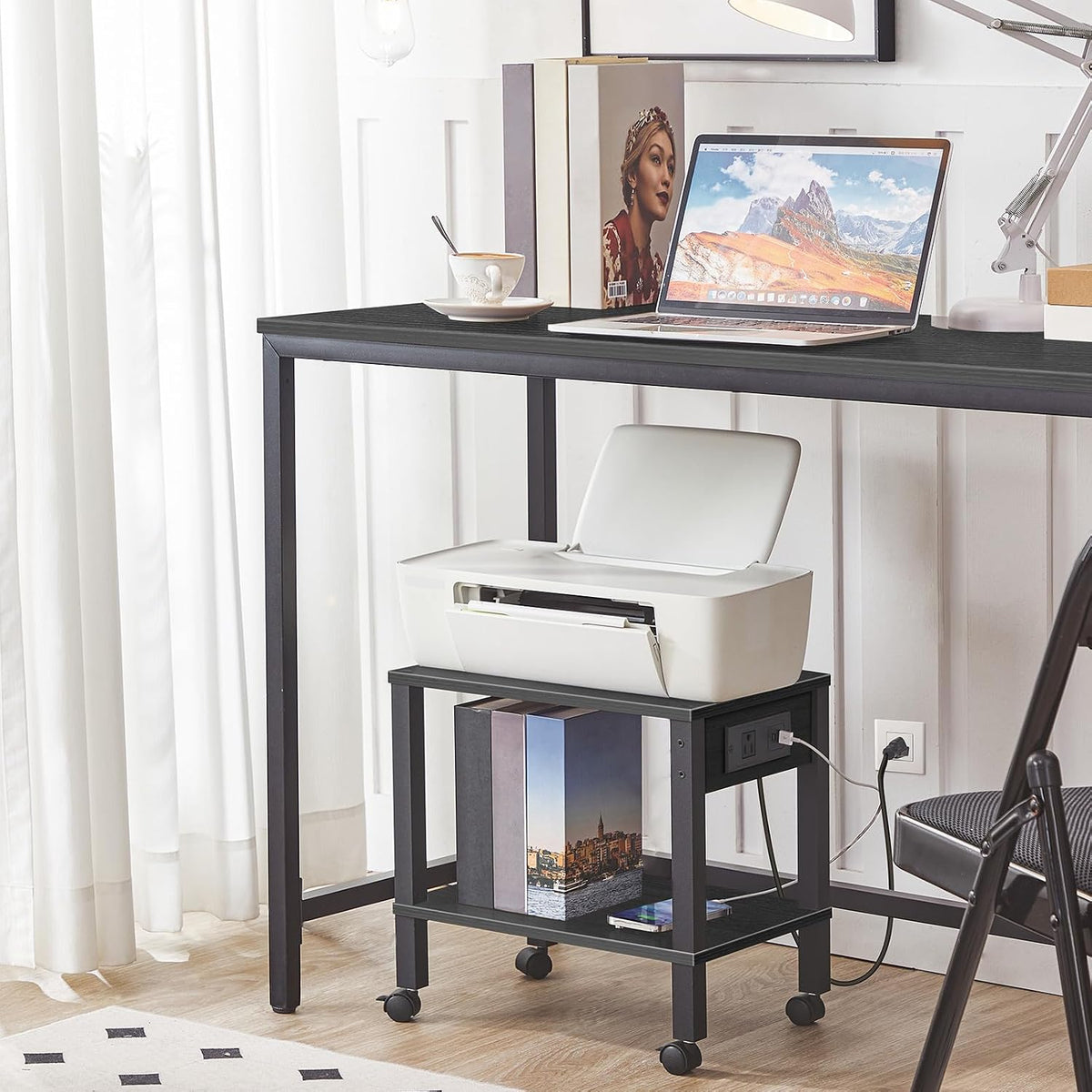 2-Tier Printer Stand with Charging Station, Under Desk Printer Table, Printer Cart with Storage Shelves, Shelf for Small Spaces, for Home Office, Rustic Brown and Black BF38UPS01