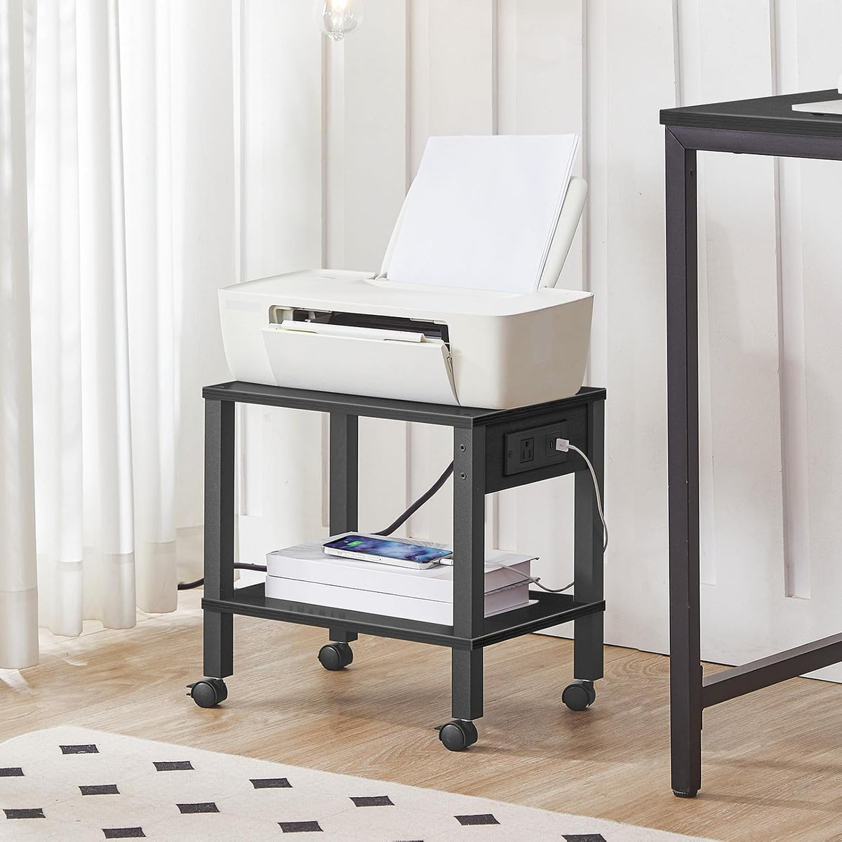2-Tier Printer Stand with Charging Station, Under Desk Printer Table, Printer Cart with Storage Shelves, Shelf for Small Spaces, for Home Office, Rustic Brown and Black BF38UPS01
