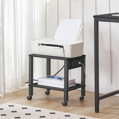 2-Tier Printer Stand with Charging Station, Under Desk Printer Table, Printer Cart with Storage Shelves, Shelf for Small Spaces, for Home Office, Rustic Brown and Black BF38UPS01