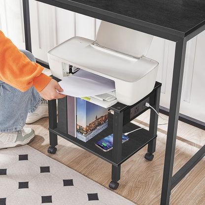 2-Tier Printer Stand with Charging Station, Under Desk Printer Table, Printer Cart with Storage Shelves, Shelf for Small Spaces, for Home Office, Rustic Brown and Black BF38UPS01