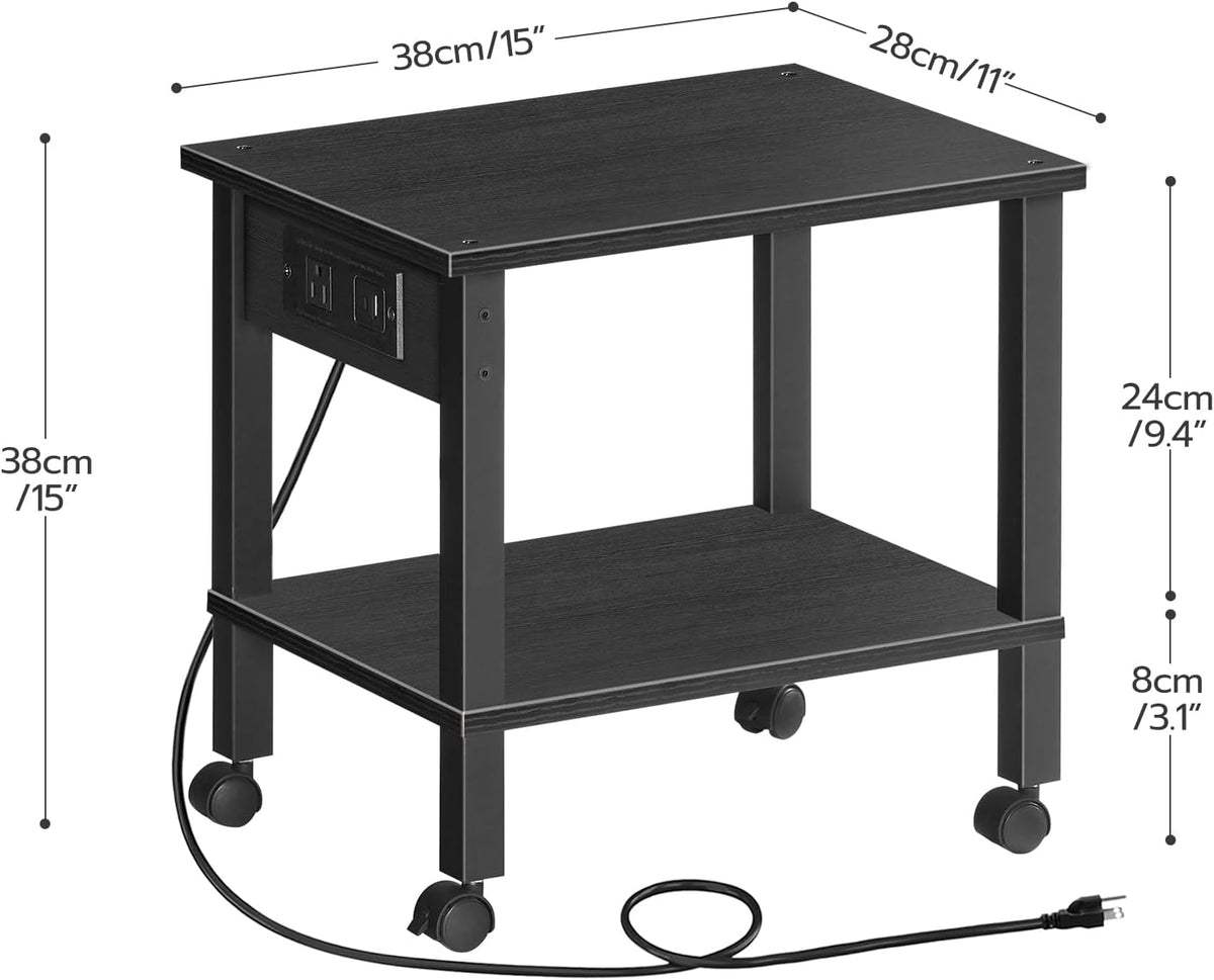 2-Tier Printer Stand with Charging Station, Under Desk Printer Table, Printer Cart with Storage Shelves, Shelf for Small Spaces, for Home Office, Rustic Brown and Black BF38UPS01