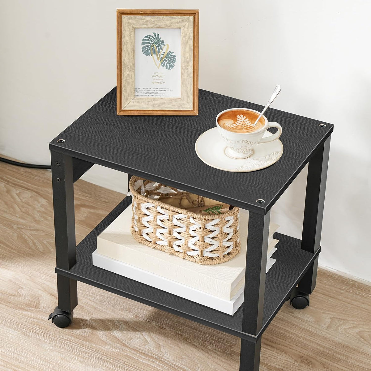2-Tier Printer Stand with Charging Station, Under Desk Printer Table, Printer Cart with Storage Shelves, Shelf for Small Spaces, for Home Office, Rustic Brown and Black BF38UPS01