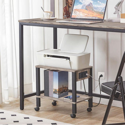 2-Tier Printer Stand with Charging Station, Under Desk Printer Table, Printer Cart with Storage Shelves, Shelf for Small Spaces, for Home Office, Rustic Brown and Black BF38UPS01