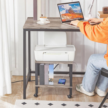 2-Tier Printer Stand with Charging Station, Under Desk Printer Table, Printer Cart with Storage Shelves, Shelf for Small Spaces, for Home Office, Rustic Brown and Black BF38UPS01
